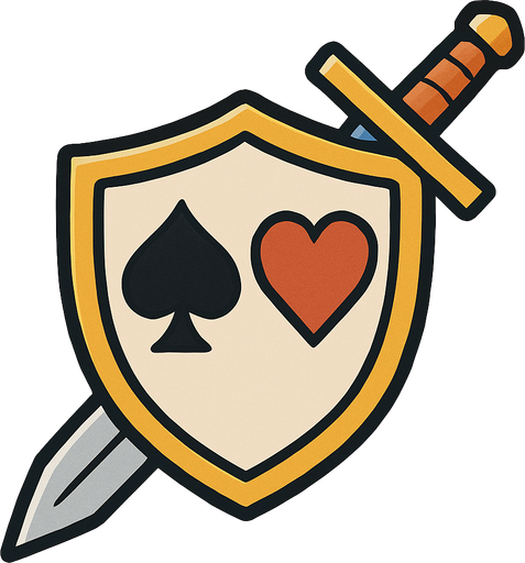 A shield with a spade and heart card suit coat of arms on it with a sword crossed downwards, behind it.  icon. Anime style..
In-Game asset.  2d.  High contrast.  No shadows