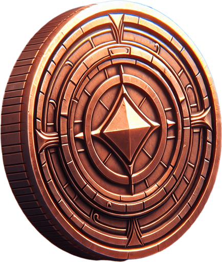 moneda de cobre.
Single Game Texture.  In-Game asset.  2d.  Blank background.  High contrast.  No shadows