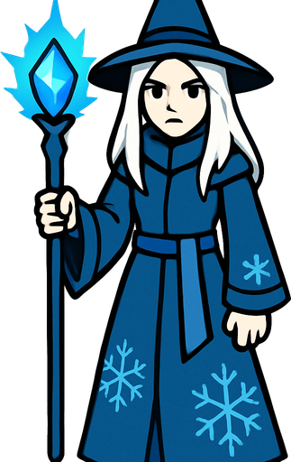 A female mage with pale skin, long white hair, wearing a long blue robe and a pointed blue hat, holding a glowing icy staff with a blue crystal, snowflake patterns on robe, cold expression, simple background, front-facing, no background, 2D game character.
In-Game asset.  2d.  High contrast.  No shadows