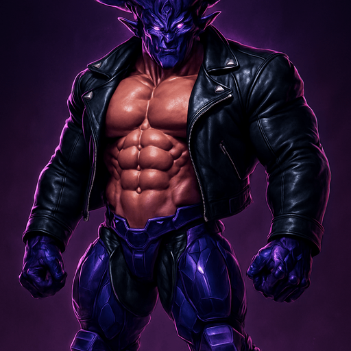Black leather biker jacket longsleeves shirtless muscles pecs abs hunky demon cyborg robot mecha cyberpunk neon manga futuristic monster stud beefcake