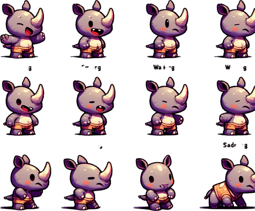 A spritesheet with a number of poses of an happy little rhino with a sun scorch, smiling, walking, waiting, standing, ordering, turning, etc. all seen from the side.The spritesheet should be laid out in a rectangular grid with clear space between each individual sprite. Each sprite in the sheet should be around 300x600 pixels in size..
Single Game Texture. In-Game asset. 2d. Blank background. High contrast. No shadows.