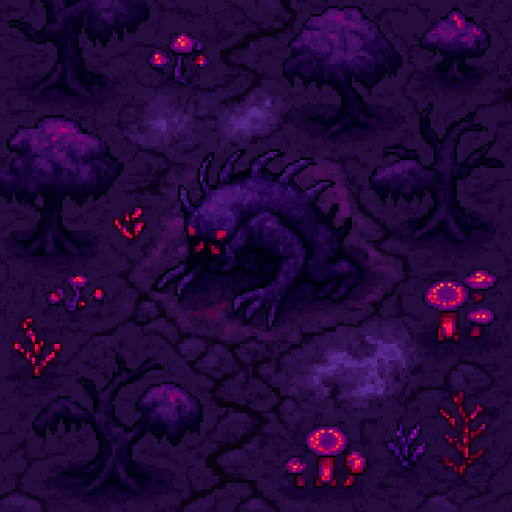 “Top-down 2D pixel art of a corrupted purple biome with twisted terrain and glowing fungal elements. A monstrous purple creature stands or crawls among deformed trees with dark trunks and sickly foliage. The environment is filled with warped nature: crooked trees, glowing red or violet plants, cracked soil with dark veins, and scattered patches of toxic mist. The monster has a grotesque form, with tentacles or spines, and a faint red glow. The scene is rich in environmental details, designed as a high-quality overworld area in a dark fantasy pixel art game.”.
In-Game asset.  2d.  High contrast.  No shadows