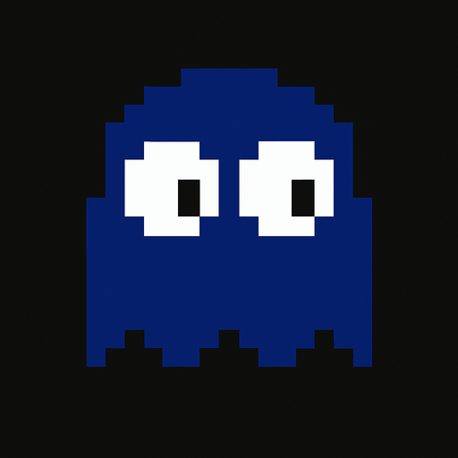 Pacman dark blue ghost with plain white eyes.
In-Game asset.  2d.  High contrast.  No shadows