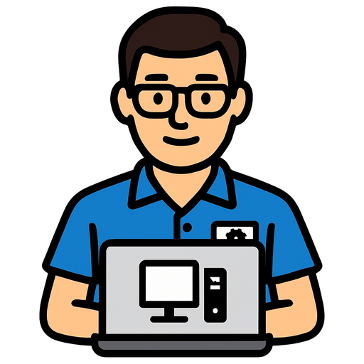 Mavi gömlekli bilgisayar teknikeri personeli.
In-Game asset.  2d.  High contrast.  No shadows