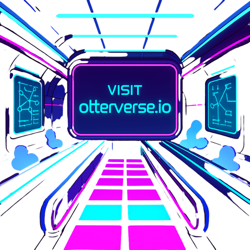 Render a subterranean transit hub lit by neon tubes and pulsating floor panels. The massive central screen displays ‘Visit otterverse.io’ in sleek futuristic font. Incorporate moving walkways, holographic route maps, and vapor clouds rising from vents—no character or coin elements..
In-Game asset.  2d.  High contrast.  No shadows