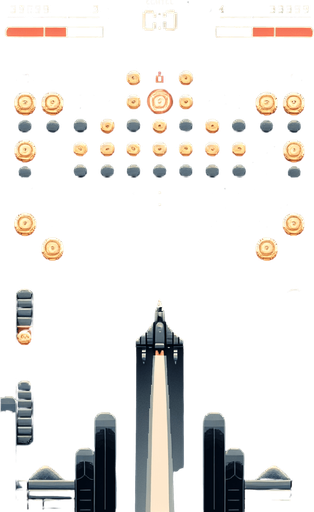 A clean and minimalistic game interface for a Galaxian-inspired game, viewed flat and straight from the front as a mobile app UI. At the bottom of the screen is a sleek, centrally aligned starship designed to fire single projectiles upward. The background features a simple, dark space theme with scattered stars and soft gradients, maintaining a futuristic yet uncluttered aesthetic.

At the top of the screen, coins are arranged in an 8-column by 4-row grid formation, resembling a classic bug-like pattern. Among these, four consecutive coins in the central row are replaced with glowing red digits '3,' '6,' '9,' and '8,' positioned prominently. These digits are larger, brighter, and pulse subtly, making them stand out distinctly from the neutral-colored coins while remaining seamlessly integrated into the grid. The clean layout highlights the digits' importance while keeping the overall design sleek and user-friendly.
Single Game Texture. In-Game asset. 2d. Blank background. High contrast. No shadows.