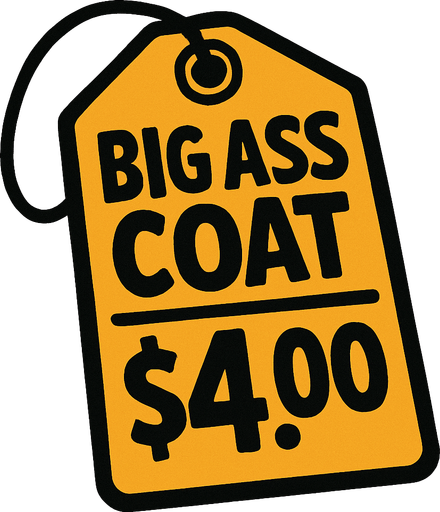 Price tag that says big ass coat $4.00.
In-Game asset.  2d.  High contrast.  No shadows