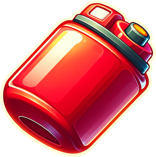 A cute cartoon-style small fuel tank with rounded edges red color, glossy metal finish, and a little red cap. Add a glowing yellow outline to make it pop. It should look lightweight and collectible, floating gently in the air..
Single Game Texture.  In-Game asset.  2d.  Blank background.  High contrast.  No shadows