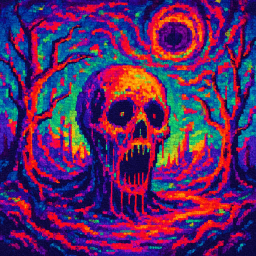 saturated themed psychedelic horror pixelated game style background scene. In-game asset. Surrealistic. dreamy.
In-Game asset