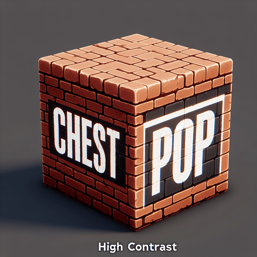 a forward facing brick with the writing "Chest Pop" Single Game Texture. In-Game asset. 2d. Blank background. High contrast. No shadows.