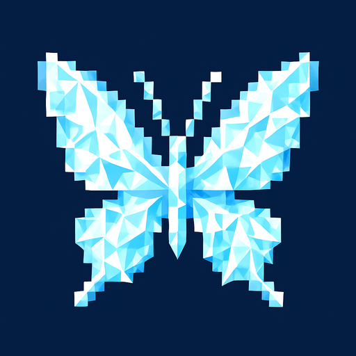 butterfly of white and light blue pixels like crystal.
In-Game asset.  2d.  High contrast.  No shadows. 8-bits