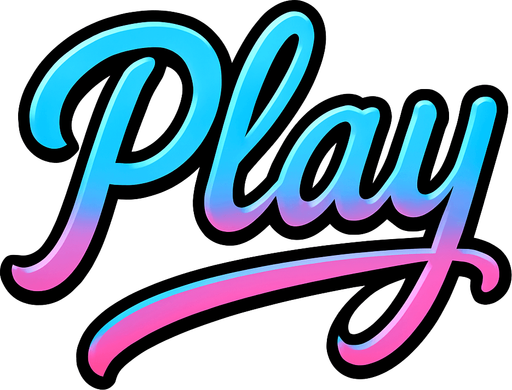 las letras play con un color celeste y rosa combinados con una cursiva
In-Game asset.  2d.  High contrast.  No shadows con contorno negro