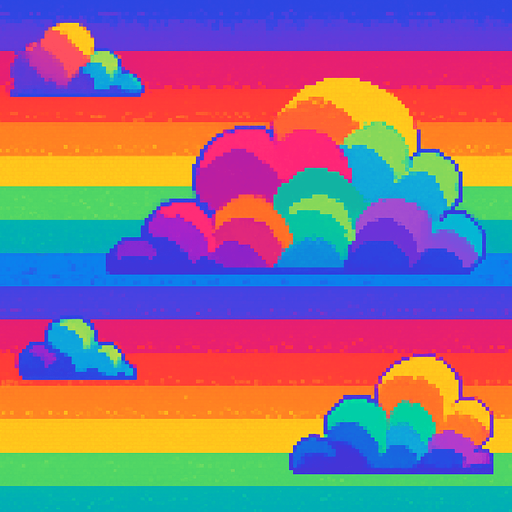 Rainbow sky background, colorful clouds with rainbow stripes, magical atmosphere, vibrant colors, 2D pixel art.
In-Game asset.  2d.  High contrast.  No shadows