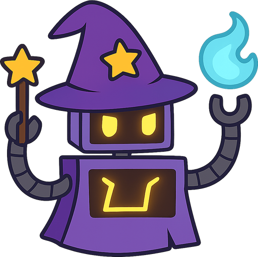 a magic wizard robot. No background. Transparent background. Blank background. No shadows. 2d. In-Game asset. flat