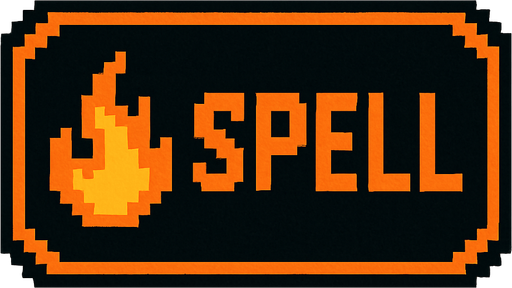Black button with an orange outline that says "Spell" and has a fire icon, pixel art.
In-Game asset.  2d.  High contrast.  No shadows