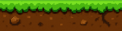 El suelo debe ser una plataforma horizontal clara y visible en la parte inferior de la pantalla, con diseño tipo césped verde brillante sobre tierra marrón, estilo pixel art, con bordes irregulares o redondeados para que no se vea plano ni rígido; puede tener pequeños detalles como piedritas o raíces, pero sin recargarlo, y debe contrastar bien con el cielo para que el personaje destaque al caminar sobre él..
In-Game asset.  2d.  High contrast.  No shadows