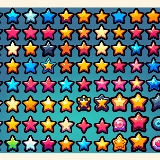 A sprite sheet of different cartoon stars..
Single Game Texture. In-Game asset. 2d. Blank background. High contrast. No shadows.