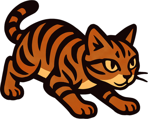 A tabby cat crawling.
In-Game asset.  2d.  High contrast.  No shadows