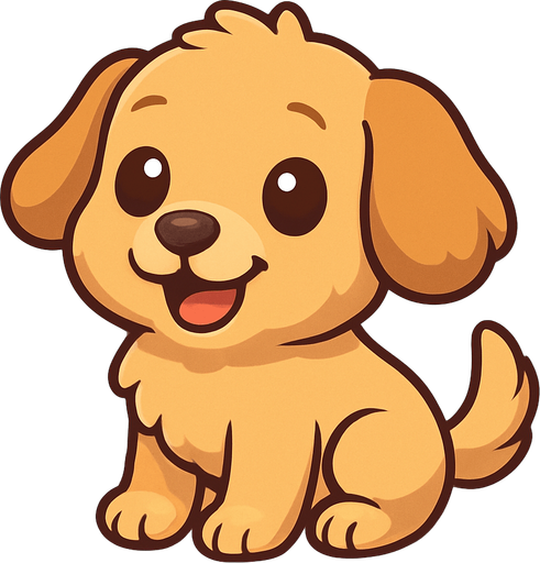 A cute cartoon-style dog character designed for a mobile game. Fluffy fur, big round eyes, floppy ears, small black nose, wagging tail, standing or sitting with a joyful and friendly expression. Light brown or beige color, simple colorful background. High-quality digital illustration, perfect for a kids game..
In-Game asset.  2d.  High contrast.  No shadows. cartoon style