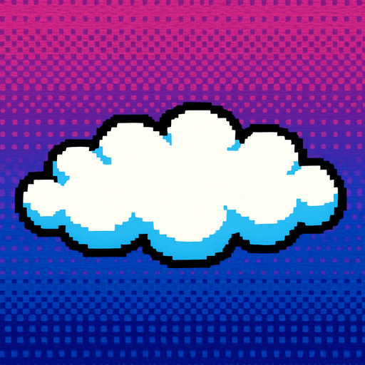 A  long fluffy white cloud seen from overhead. 80s arcade machine graphics.
In-Game asset.  2d.  High contrast.  No shadows