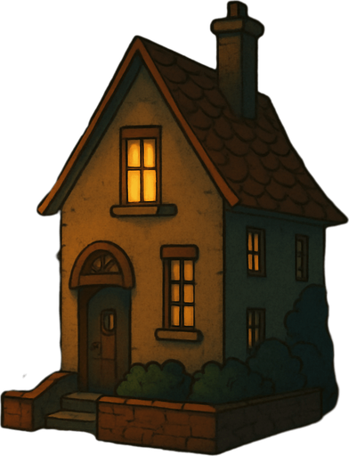Create a detailed visual description or conceptual overview of a town at nighttime, featuring a house with a light on. The style should emulate the aesthetic and atmosphere typical of the Professor Layton game series, characterized by a charming, slightly whimsical, and puzzle-adventure ambiance with warm, inviting lighting and intricate, storybook-like details.

# Steps

1. Begin by envisioning a quaint town at night, with subdued lighting and a peaceful, mysterious aura.
2. Highlight a single house with a light on in a window, symbolizing activity or a story element.
3. Incorporate elements characteristic of the Professor Layton style: warm color palettes, soft glows, gently stylized architecture, and intricate details reminiscent of handcrafted illustrations.
4. Emphasize atmosphere — combine tranquility with a hint of intrigue suitable for an adventure puzzle setting.
5. Optionally, include natural elements like trees or lampposts that match the game's stylistic choices..
In-Game asset.  2d.  High contrast.  No shadows