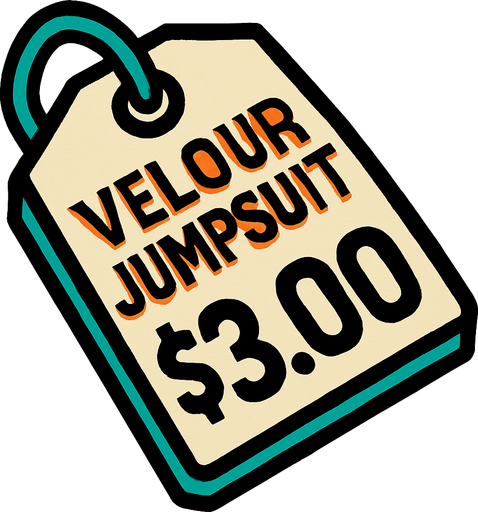 Price tag that says velour jumpsuit $3.00.
In-Game asset.  2d.  High contrast.  No shadows