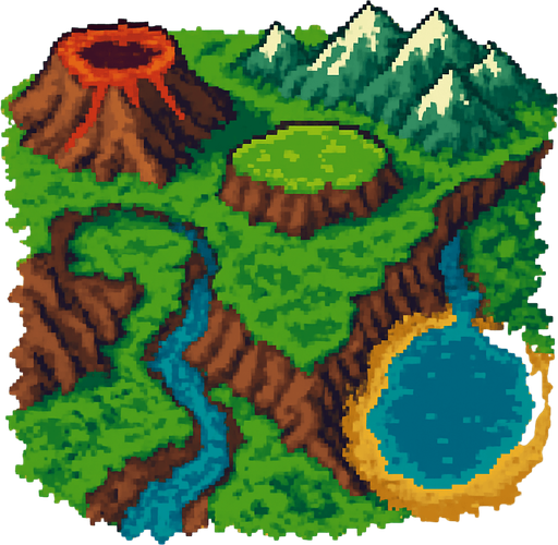 ova ya dağa platoya vadiye göle akarsuya sahip bir harita.
In-Game asset.  2d.  High contrast.  No shadows
pixelart