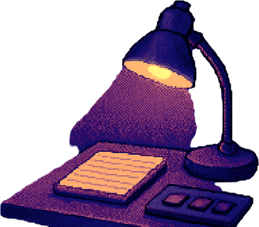A 2048x2732 vertical pixel art background for a settings screen in a pixel-art rhythm game. The scene shows a cozy side corner of the same DJ studio seen in the main menu, with shelves full of vinyls, tangled audio cables, studio monitors, and an analog BPM dial glowing softly. A small desk lamp casts a warm light over a notepad and some buttons. The lighting is purple and blue, calm and focused. The mood is quiet, technical, and slightly futuristic — perfect for adjusting settings..
In-Game asset.  2d.  High contrast.  No shadows