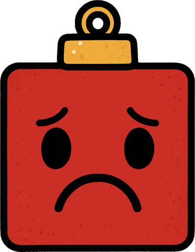 a sad square red Christmas decoration..
In-Game asset.  2d.  High contrast.  No shadows
