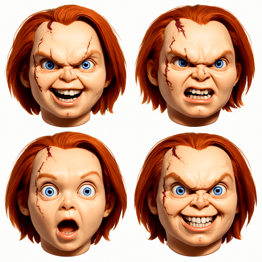 3D Scary and funny face meme chucky. different faces look. face only
In-Game asset.  3D.  High contrast.  No shadows. face only