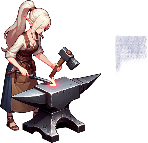 Девушка эльфийка кузнец у наковальни.
Single Game Texture. In-Game asset. 2d. Blank background. High contrast. No shadows.