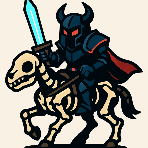 Kara şövalye iskelet atının üzerinde elinde parlak bir kılıç tutuyor.
In-Game asset.  2d.  High contrast.  No shadows