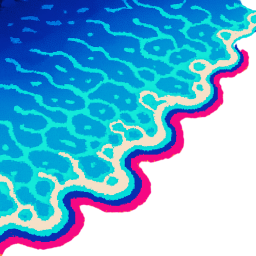 Top down view of a shallow wave water on a beach shore..80s arcade machine graphics. 

In-Game asset.  2d.  High contrast.  No shadows