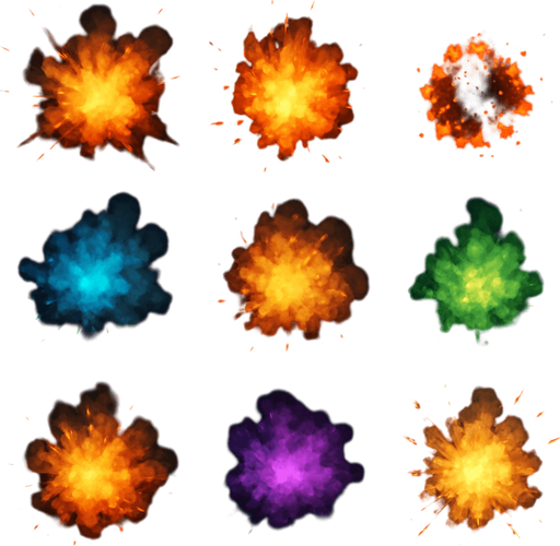 VFX pack of different explosions particles. Different colors. HD colors. ellipse. circle
In-Game asset.  3d.  High contrast.  No shadows