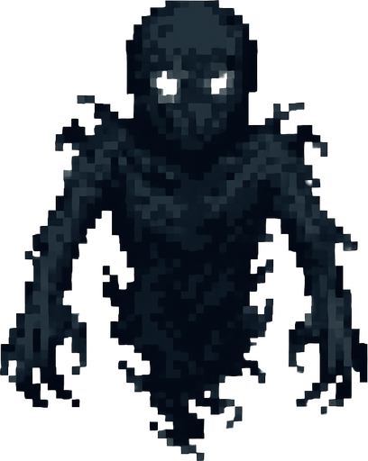 Create a pixel-art character sprite of "Karabasan" – a dark, shadowy figure from Turkish folklore known to sit on people’s chests during sleep. The character should be faceless or have a barely visible distorted face with empty glowing white eyes. Its body should appear as a mass of smoky darkness, loosely humanoid, with long arms, claw-like hands, and ragged shadowy edges. It should look like it’s floating slightly above ground. Retro horror 2D game style. PNG format with transparent background, idle position facing forward..
In-Game asset.  2d.  High contrast.  No shadows
