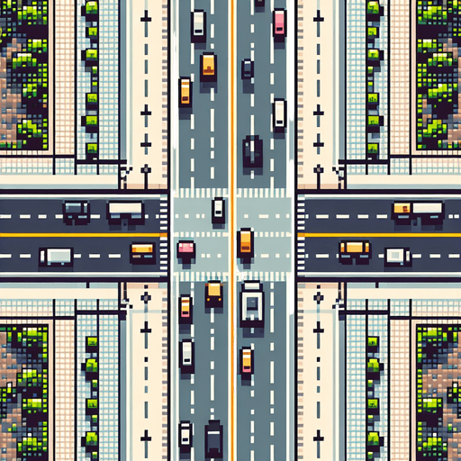 Top view of an empty road without lines from top to bottom.
overhead view.  Pixel art