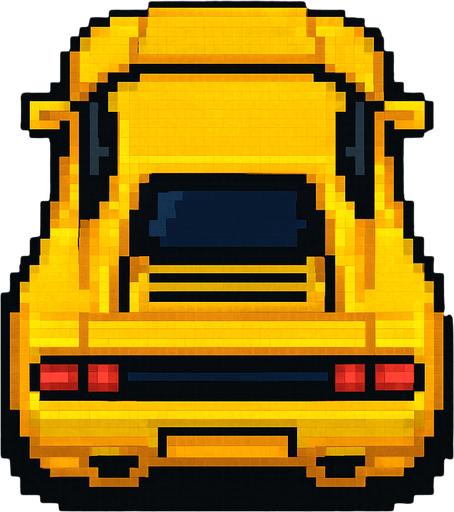 un auto amarillo deportivo con perspectiva desde arriba hecho con pixeles.
In-Game asset.  2d.  High contrast.  No shadows con perspectiva trasera