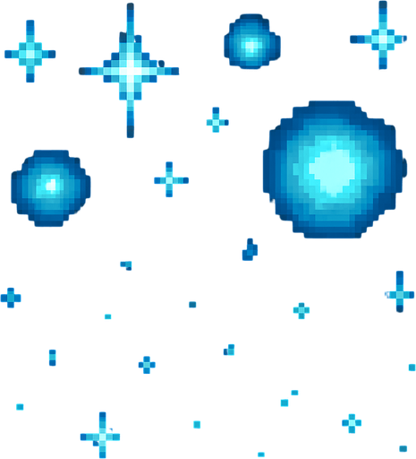 "2D pixel art of glowing blue sparkle effects. Multiple soft, magical blue glows of different sizes are scattered across the canvas, each with a bright core and a gentle radiant halo. Some glows are small star-like sparkles, while others are circular energy pulses or twinkling particles. The blue tones range from light cyan to deep magical blue, giving the effect a mystical and fantasy feel. Designed in a clean, classic 16-bit RPG pixel art style. Transparent background.".
In-Game asset.  2d.  High contrast.  No shadows
