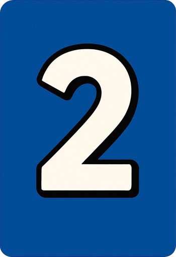 Rectangular card numbered 2, with a white border around it and a blue background..
In-Game asset.  2d.  High contrast.  No shadows