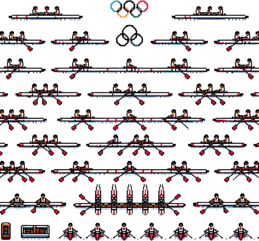 sprite sheet for a rowing olympic boat. the boats needs to be arranged organized for easy cropping. bird-view perspective. pixelated. 8-bit.
Single Game Texture. In-Game asset. 2d. Blank background. High contrast. No shadows.
