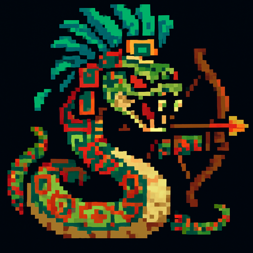 Genérame una Boa de arcoiris guerrero azteca con eso patrones, estilo pixelar, con una apariencia maligna, ojos rojos, rabioso. Unidad a distancia, con un arco o cerbatana. Animal.
In-Game asset.  2d.  High contrast.  No shadows