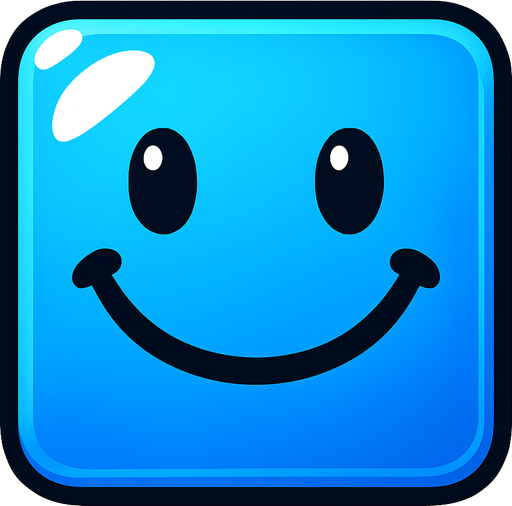 Can you draw a smiling face with rounded edges, square blue and shiny effect?.
In-Game asset.  2d.  High contrast.  No shadows