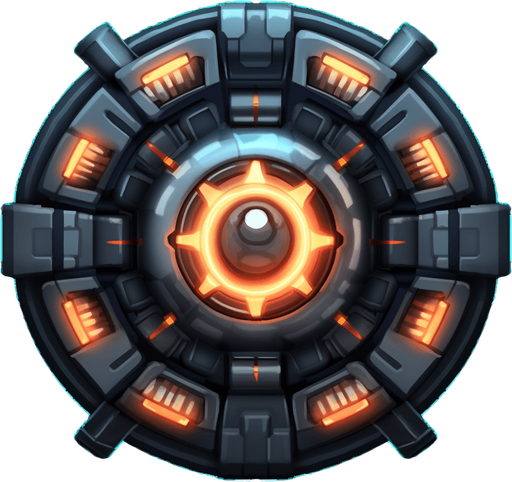 Dark circular power up indicating double cannons.
Game Texture. In-Game asset. 2d. Pixelart. White background. Blank background. Low detail. High contrast.