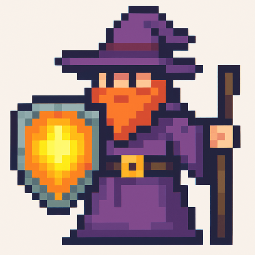 piksel kalkanlı büyücü.
In-Game asset.  2d.  High contrast.  No shadows