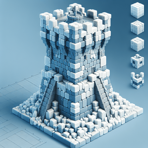 A turret tower built of ice blocks. Front view perspective. Single Game Texture. In-Game asset. 2d. Blank background. High contrast. No shadows.