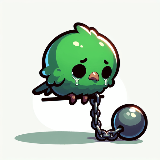 A sad little green bird sitting in ball chain..
Single Game Texture. In-Game asset. 2d. Blank background. High contrast. No shadows.