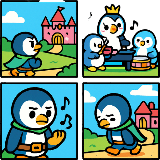 4-panel comic strip, no text, cute cartoon style, bright colors, black outlines.
Characters: Penguin Hero (small, determined) + Penguin Princess (elegant, crown) + Village Penguins
Central Theme: Music connects hearts, piano mastery wins love.  Hero doubts himself, thinks he's not good enough

Panel 1: Hero tries to approach Princess's palace but stops
Panel 2: Sees other talented penguins playing instruments near Princess
Panel 3: Hero looks at his flippers sadly, musical notes are wobbly/off-key
Panel 4: Hero walks away discouraged, head down.
In-Game asset.  2d.  High contrast.  No shadows