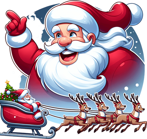 Provile view of Santa clauss in his sleigh with reindeer, smiling and making a sign with his hand game Asset. High contrast. No shadows.