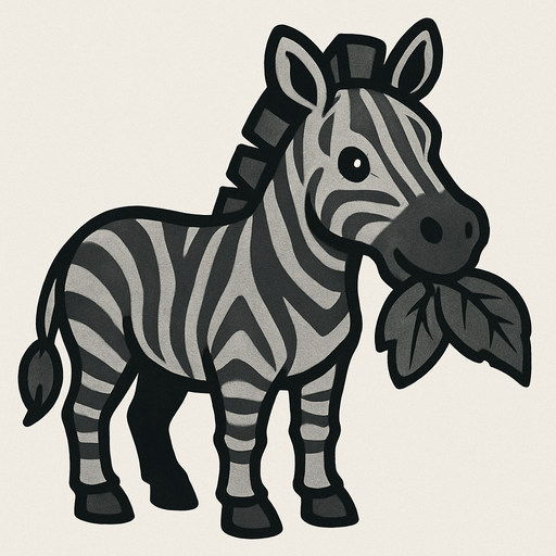A grey zebra eating a leaf.
In-Game asset.  2d.  High contrast.  No shadows