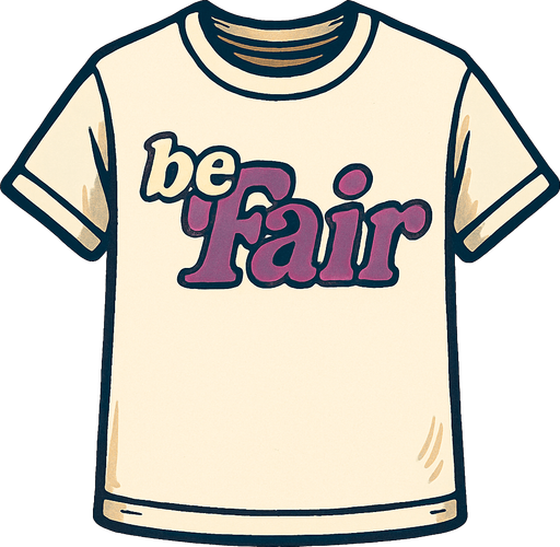 Beyaz bir t-shirt oluştur . üsütünde beFair yazsın t-shirtün . be beyaz Fair mor renkte olsun . retro temada olsun.
In-Game asset.  2d.  High contrast.  No shadows